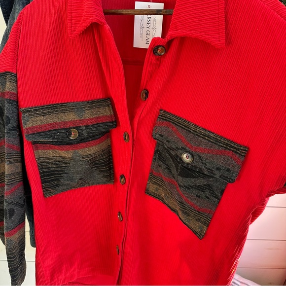 Red Corduroy Aztec Tribal Western Printed Shacket Shirt Jacket - Picture 4 of 7
